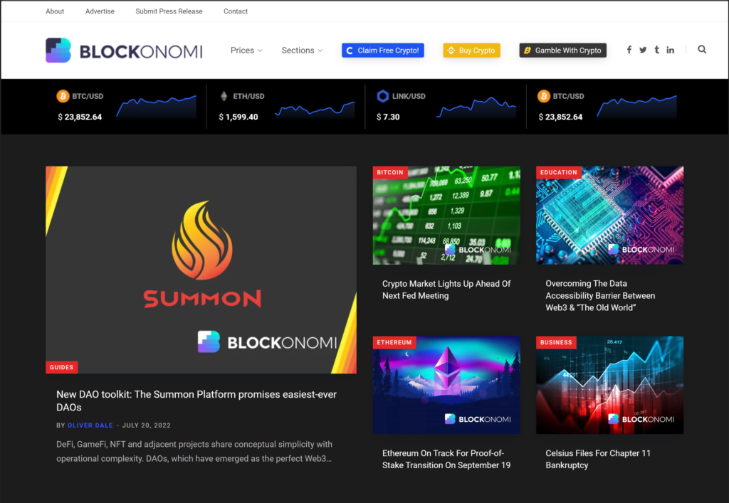 A screenshot of the front page of Blockonomi