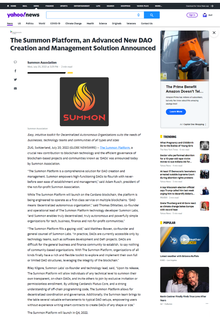 The Summon Platform covered in Yahoo! News, July 20, 2022