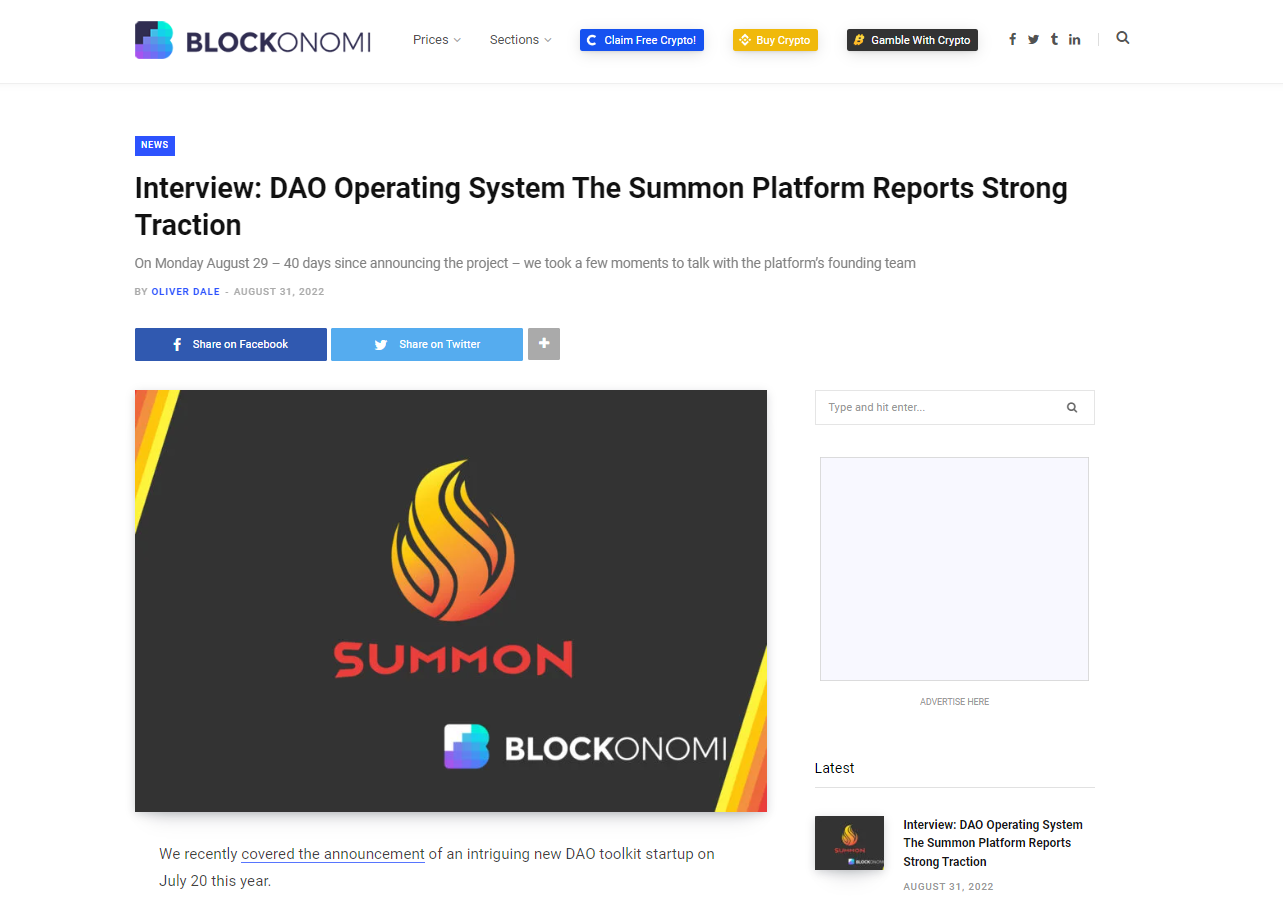 A screenshot of the article, "Interview: DAO Operating System The Summon Platform Reports Strong Traction" in Blockonomi.com